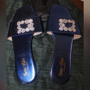 Chase + Chloe Size 10W NEW Blue Satin Sandals Slides with Crystal Embellishment